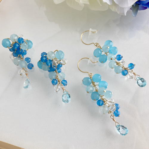 ゆれる> ブルー紫陽花×天然石 ピアス/イヤリング ピアス（フック 