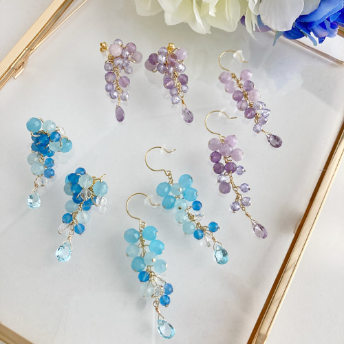 紫陽花と雫ピアス・イヤリングチャーム✩.*˚天然石×14kgf 紫陽花と雫ピアス・イヤリングチャーム✩.*˚天然石×14kgf