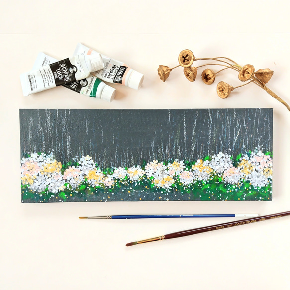 「雨に光る白い紫陽花」抽象画＊コルクボードの原画＊アートパネル 1枚目の画像