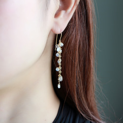 14kgf-moonstone & crystal line 耳針/耳夾(chain gold plated) 第3張的照片