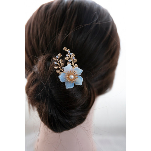 小枝と白い花のポニーフック チェコガラス ヘアアクセサリー 七五三 卒