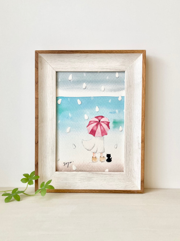 透明水彩画　A4ポスター「海を見ていた雨の日」イラスト　ポスター　海　猫　ネコ　ねこ　インテリアポスター　母の日　父の日 1枚目の画像