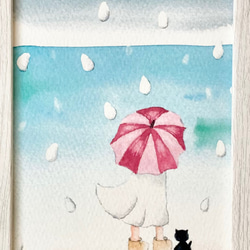 透明水彩画　A4ポスター「海を見ていた雨の日」イラスト　ポスター　海　猫　ネコ　ねこ　インテリアポスター　母の日　父の日 2枚目の画像