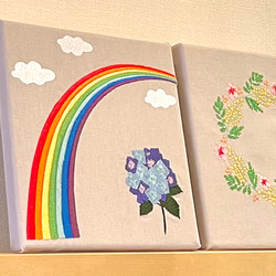 刺繍アート　ファブリックパネル　虹と紫陽花 2枚目の画像