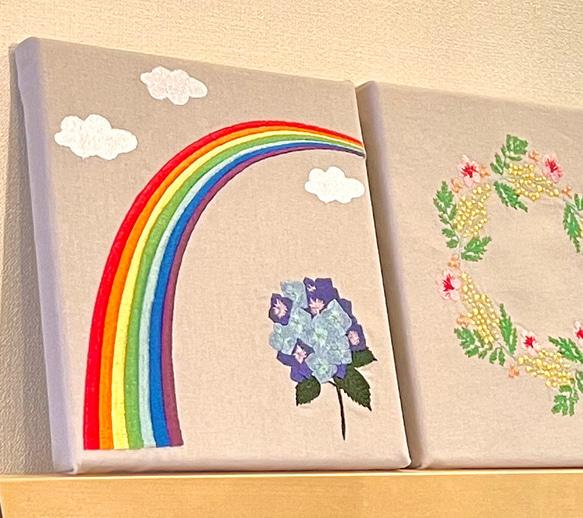 刺繍アート　ファブリックパネル　虹と紫陽花 2枚目の画像