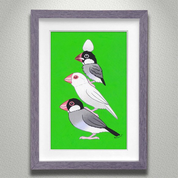 原画「リアルな小鳥ブレーメン 文鳥 緑色」アート絵画 2枚目の画像