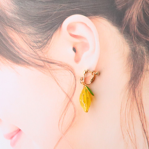 押し花ディップアートのレモンのイヤリング/ピアス イヤリング 