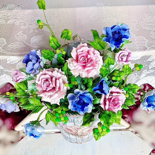 クレイフラワー♥薔薇のアレンジメント♥ハンドメイド クレイフラワー