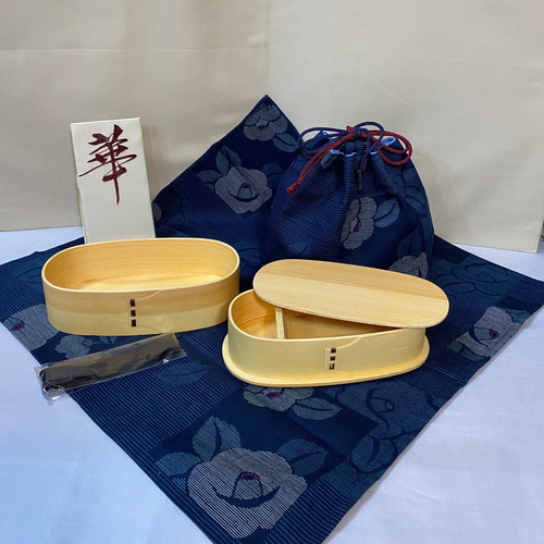 四点ランチセット 和柄紺椿巾着 わっぱ二段弁当箱 （2色から