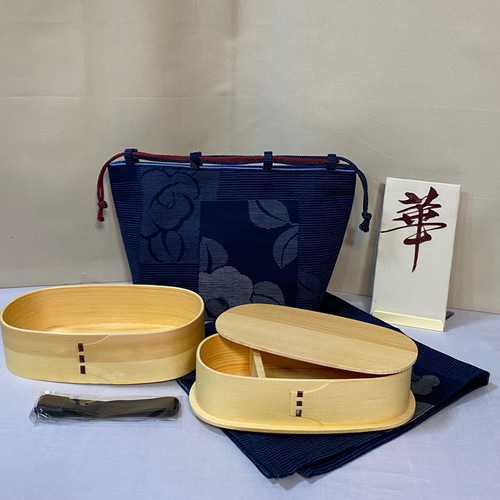 四点ランチセット 和柄紺椿巾着 わっぱ二段弁当箱 （2色から