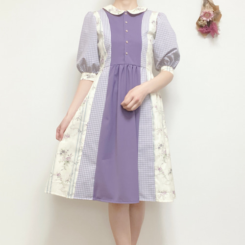 フランシュリッペ花柄チェックワンピース 紫 クラシカルなラベンダー×花柄×チェック柄のハーモニーワンピース