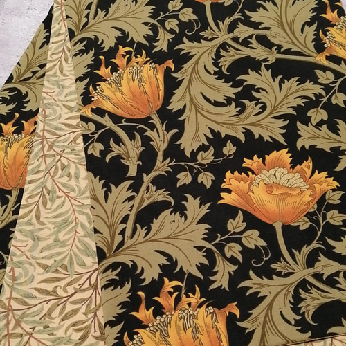 開き名古屋帯ウィリアムモリスアネモネオレンジ×ウィローボゥリバーシブル