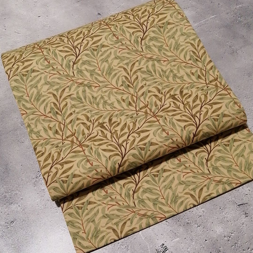 開き名古屋帯ウィリアムモリスアネモネオレンジ×ウィローボゥリバーシブル