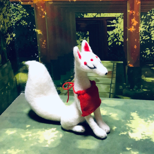 羊毛フェルト 稲荷狐 白赤 羊毛フェルト クマノッコ 通販 13837119
