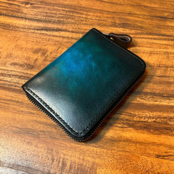 革の手染め-ラウンドファスナー財布 / グリーン（緑+青） 5枚目の画像