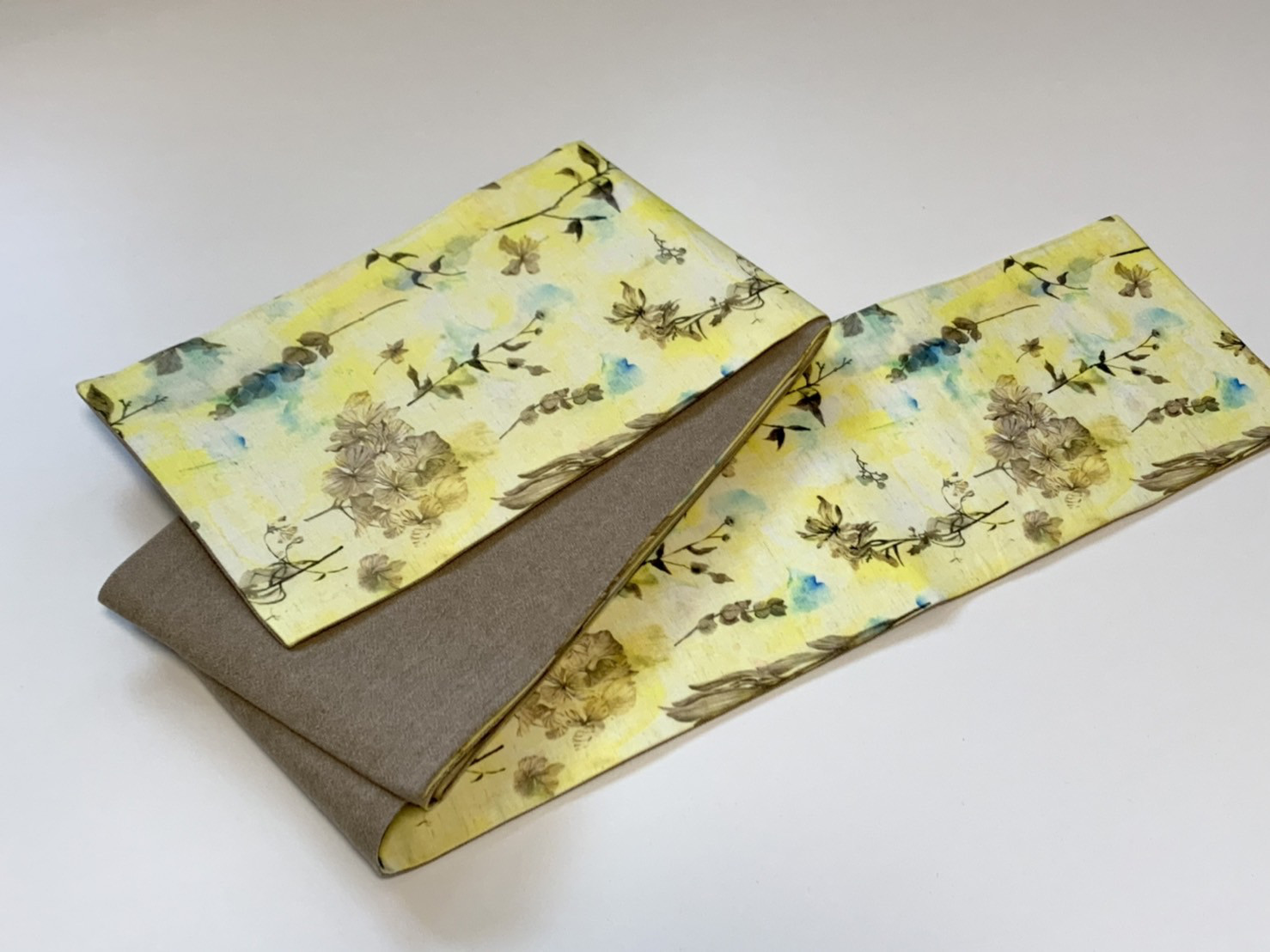 オリジナル半巾帯（小袋帯） リバーシブル仕立て 長尺 / 紫陽花ボタニカルイエロー×ベージュデニム調