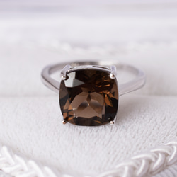 スモーキークォーツ指輪、リング：煙水晶、茶色：四角、スクエア：大きい、1cm、10mm：シルバー：Creema限定 1枚目の画像