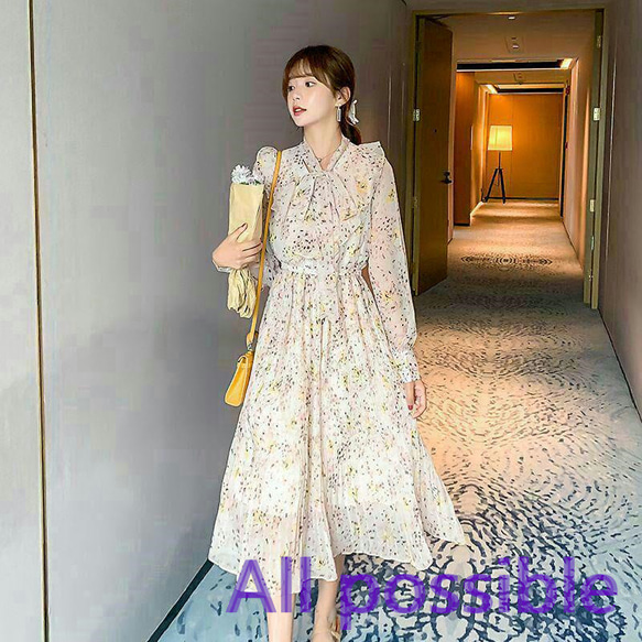 新品 レディース 長袖 ワンピース 春 服 美人百花 花柄 白 プリーツ 
