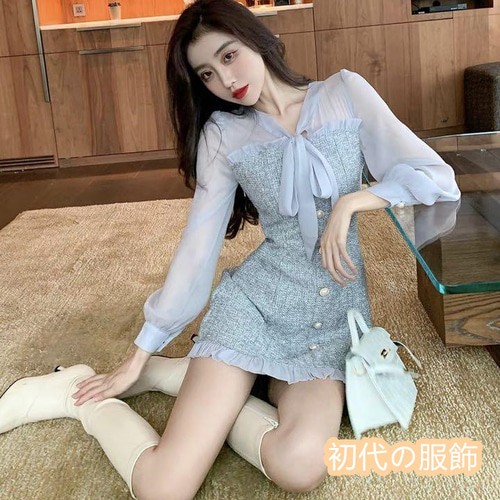 ボウタイ おしゃれ デザイン レディース 長袖 シースルー ミニ  