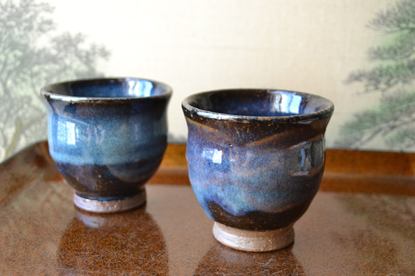 再入荷！】湯呑2個セット 湯呑ペア(コスモブルー) 湯呑み茶碗 ☆萩焼 