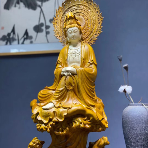 新作 自在観音 観音菩薩座像 香樟材 木彫仏像 仏教美術 彫刻工芸品