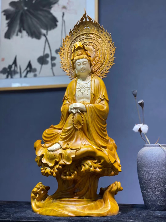 新作 自在観音 観音菩薩座像 香樟材 木彫仏像 仏教美術 彫刻工芸品