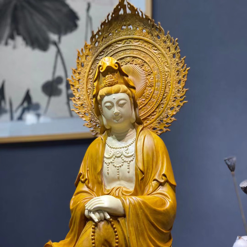 新作 自在観音 観音菩薩座像 香樟材 木彫仏像 仏教美術 彫刻工芸品