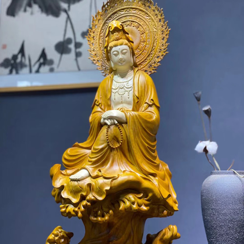 新作 自在観音 観音菩薩座像 香樟材 木彫仏像 仏教美術 彫刻工芸品