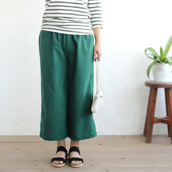 亞麻高喬褲麻寬鬆闊腿褲（深綠）PT02 第2張的照片