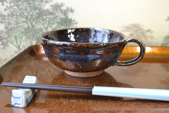 【再入荷！】スープカップ(鬼萩ブルー)　スープ皿★萩焼き　 1枚目の画像