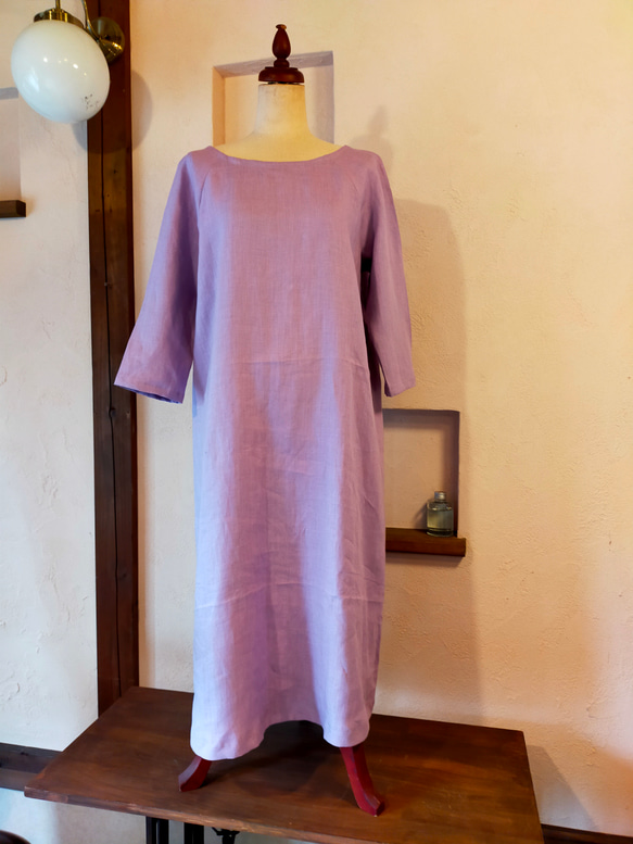 藤色のリネン・ワンピースドレス 1枚目の画像