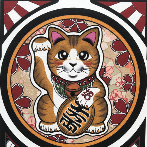 招き猫 茶トラ柄 招福 画 和風イラスト A4サイズ フレーム付き｜尾九