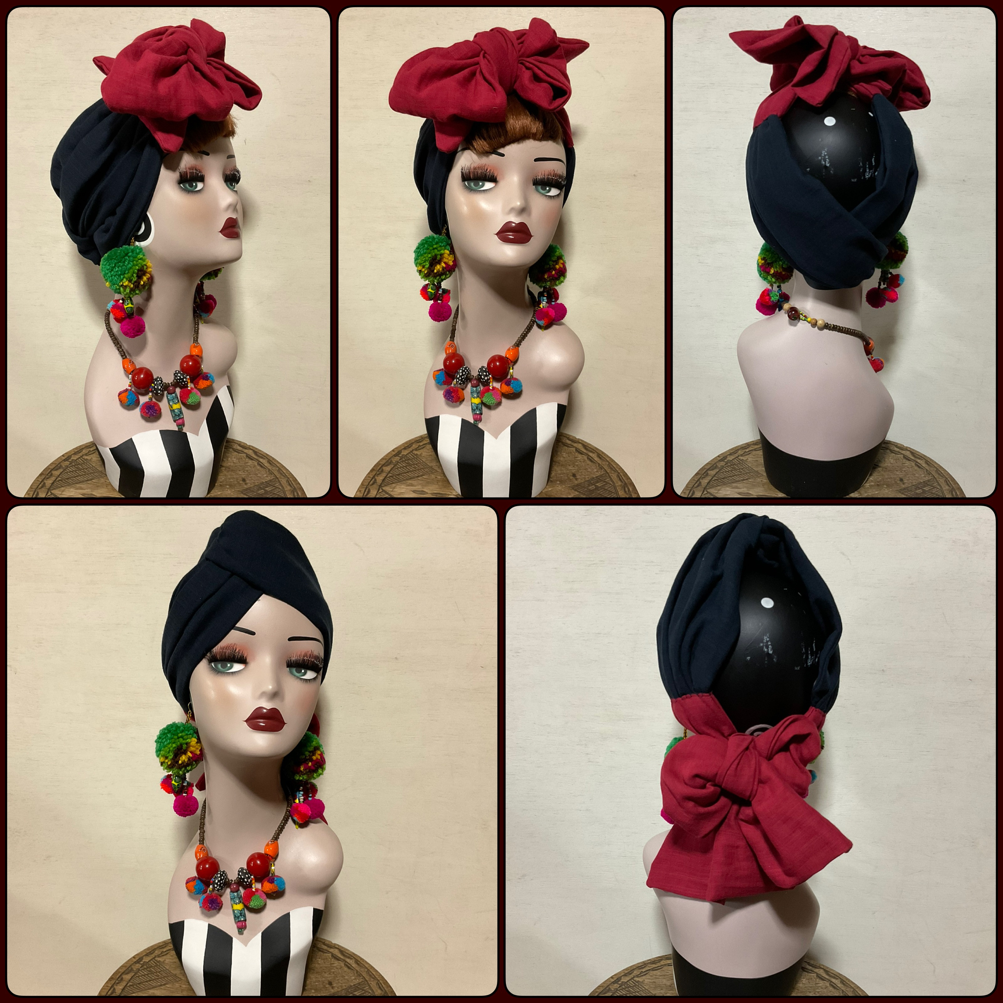 新作　2way BSTCターバン　ブラジャースカーフターバンキャップ　ネイビー×ワインレッド