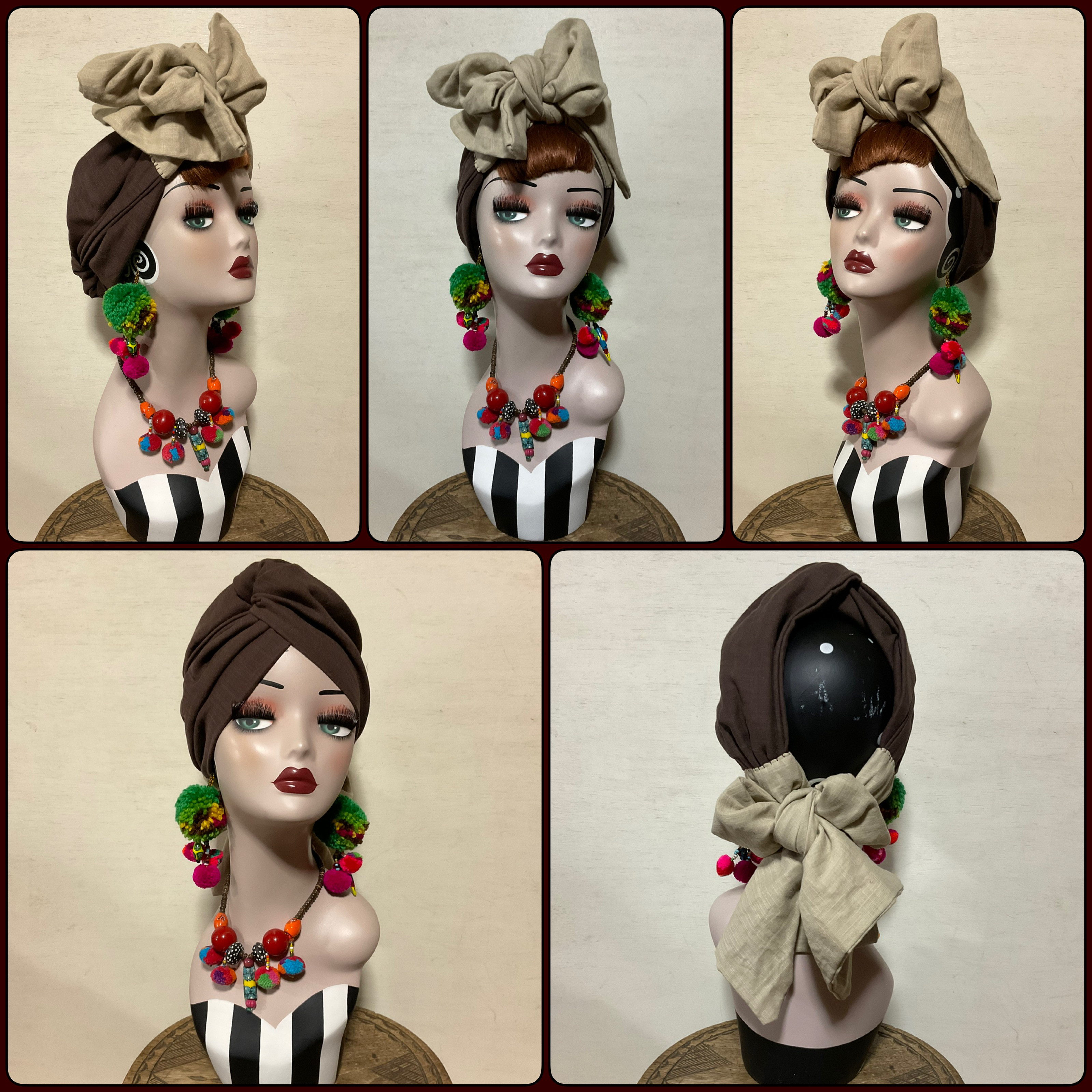 新作　2way BSTCターバン　ブラジャースカーフターバンキャップ　ブラウン×ベージュ