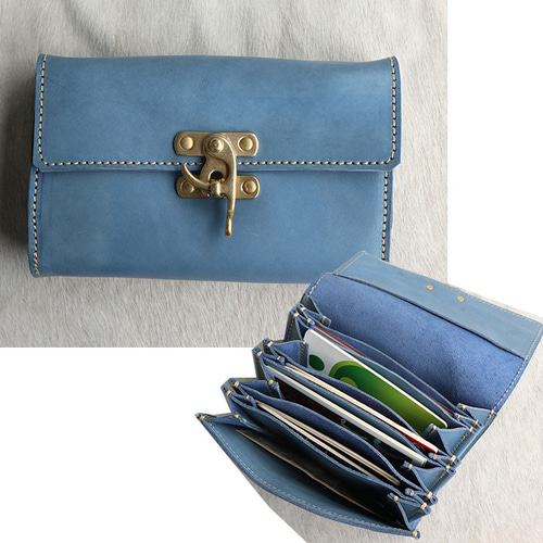本革のクラッチバッグ/7層のジャバラポーチ/クラッチ-blue クラッチ