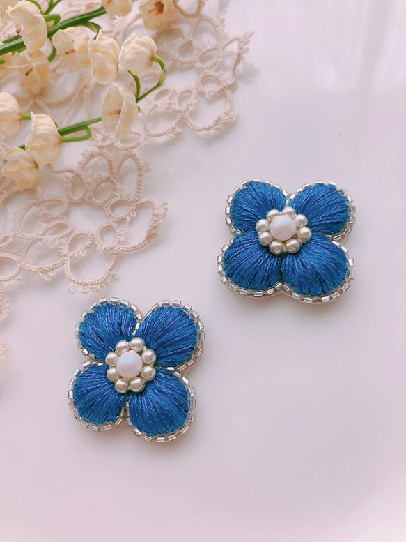 オートクチュール刺繍～2way紫陽花イヤリング(ピアス)・マリン