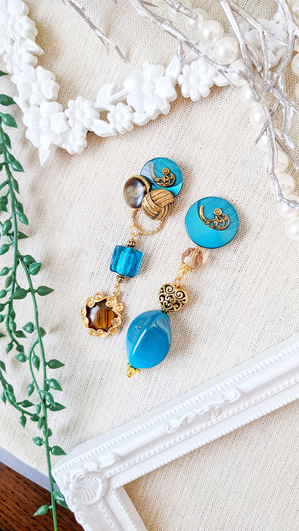 ☆vintage☆ブルーグリーン×ブラウンなアンティークアシメピアス 