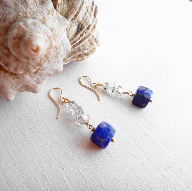 14kgf・ハーキマーダイヤモンドとラピスラズリのピアス＊星雲 ピアス  