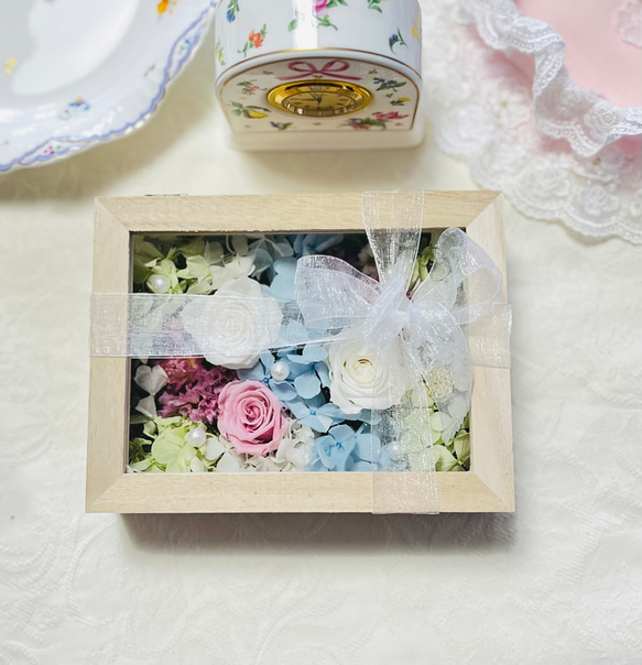 【再販】晴れやかブルー　プリザーブドフラワー　ドライフラワーバラ　紫陽花　ブルー　BOX記念日　母の日　誕生日 6枚目の画像
