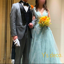 【生花に見える】ミモザ  ウェディングブーケ 高級造花 オレンジ 結婚式 ブーケ 海外挙式 春夏秋冬 人気 6枚目の画像