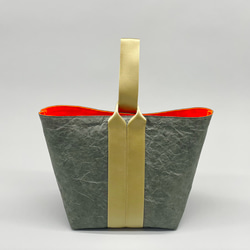 【特殊輕質材質】單手柄包（橄欖灰x霓虹橙，手柄顏色：金色） 第2張的照片