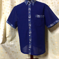 ネイビー ポイント紅型プリント かりゆしウェア Lサイズ（沖縄、琉球