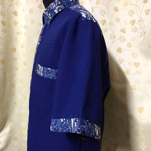 ネイビー ポイント紅型プリント かりゆしウェア Lサイズ（沖縄、琉球