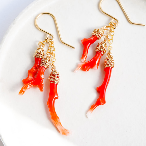 高知産/希少赤珊瑚の枝ピアス/14kgf ゴールドフィルド ピアス