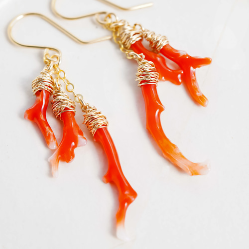 高知産/希少赤珊瑚の枝ピアス/14kgf ゴールドフィルド ピアス