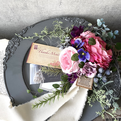 ワンプレートフラワーアレンジ＊グレー＆ブロンズプレート//母の日