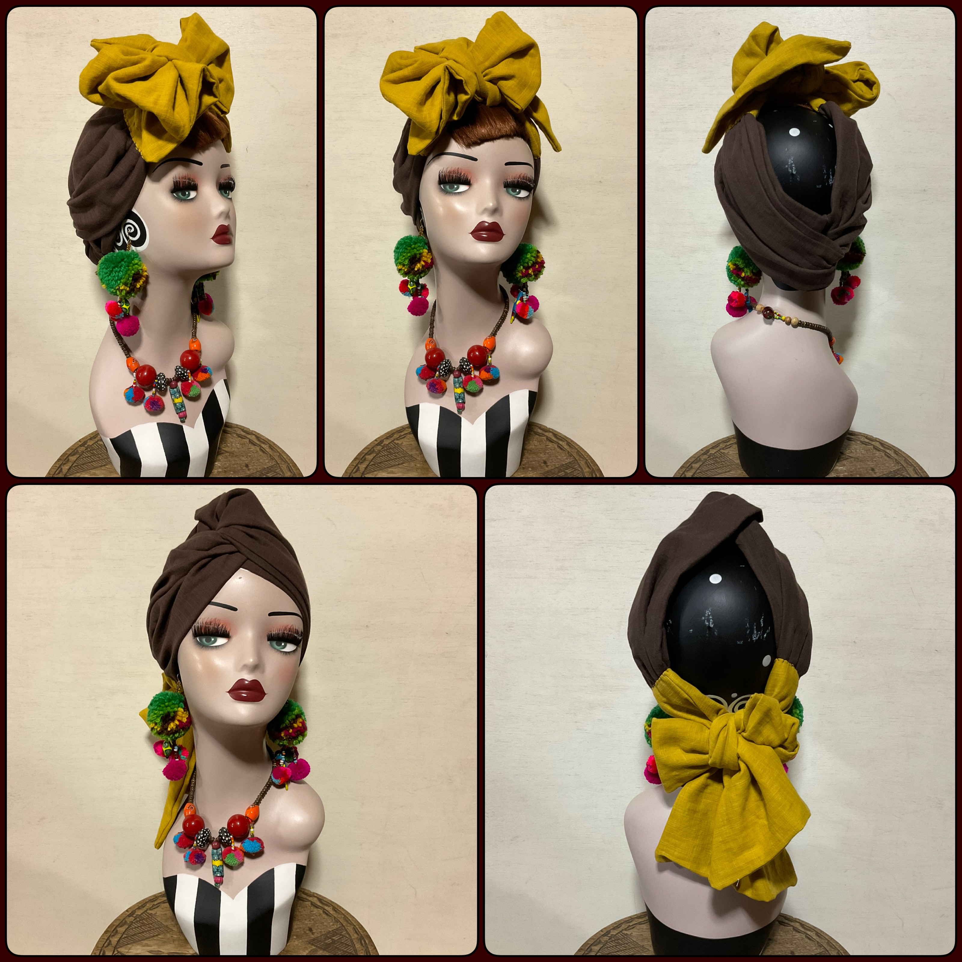 新作　2way BSTCターバン　ブラジャースカーフターバンキャップ　ブラウン×マスタード