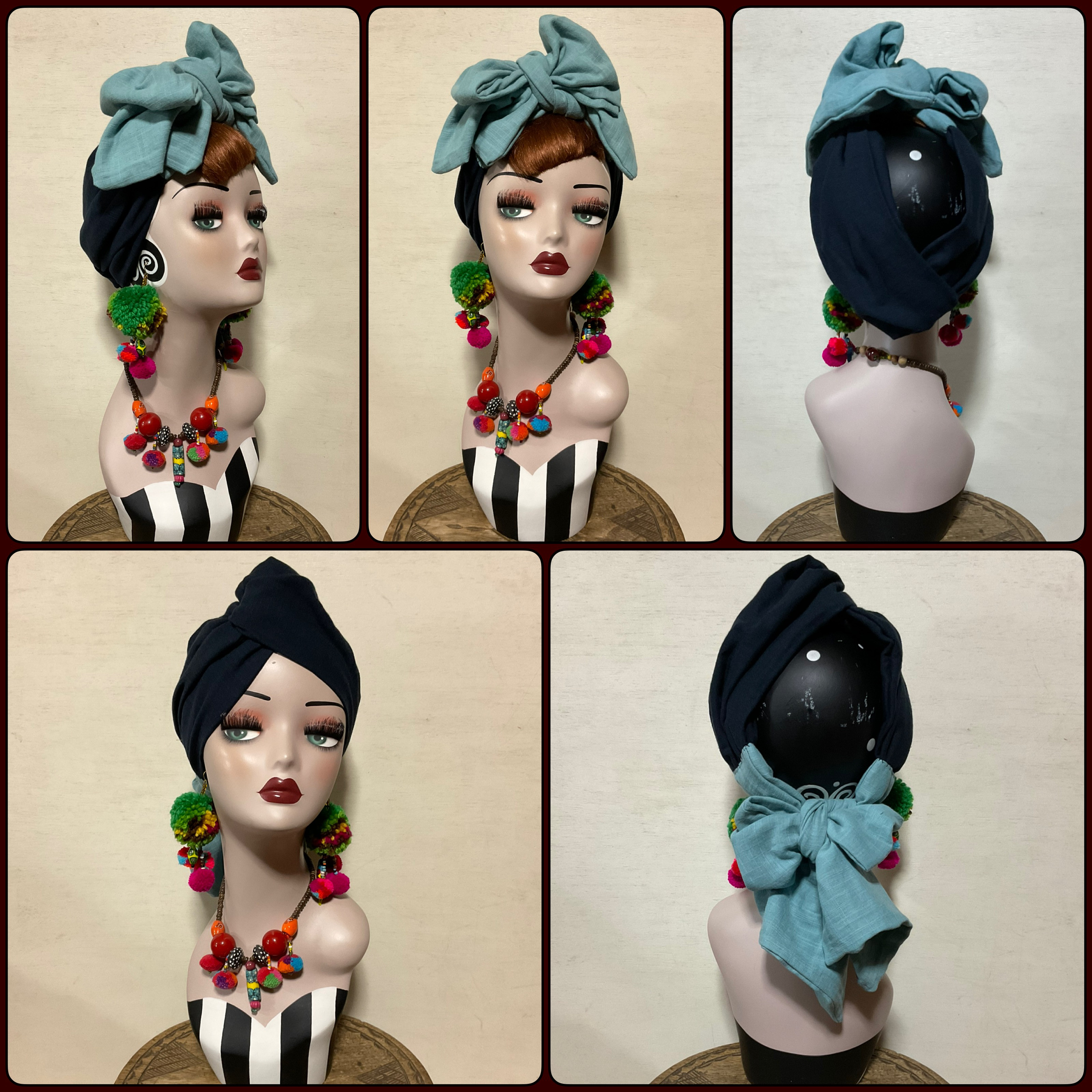 新作　2way BSTCターバン　ブラジャースカーフターバンキャップ　ネイビー×ライトブルー