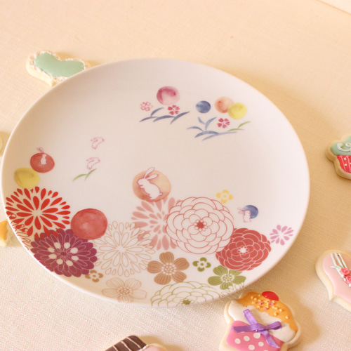 月うさぎ☆かわいいうさぎと和柄の19㎝プレート「ポーセラーツ」 中