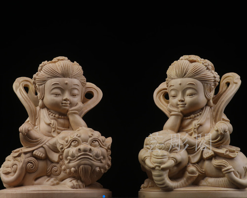 木彫り 仏像 文殊菩蕯 普賢菩薩座像一式 彫刻 仏教工芸品 柘植材 木彫り 仏像 文殊菩蕯 普賢菩薩座像一式 彫刻 仏教工芸品 柘植材
